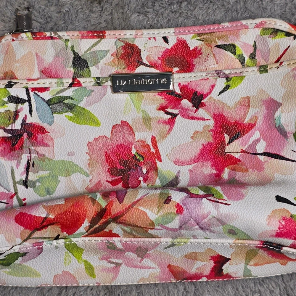 Liz Claiborne Crossbody Bag White Floral Print Faux Leather Spring Flowers Small